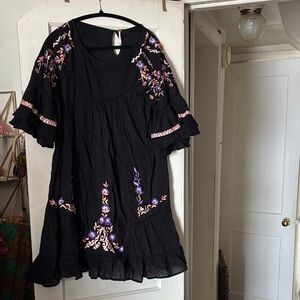 Free People Black Mini Dress with Purple and Pink Embroidery